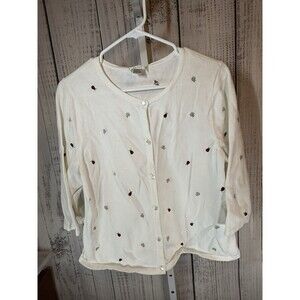 Christopher & Banks Women’s Cardigan Large White Ladybugs Daisy Flowers Sweater